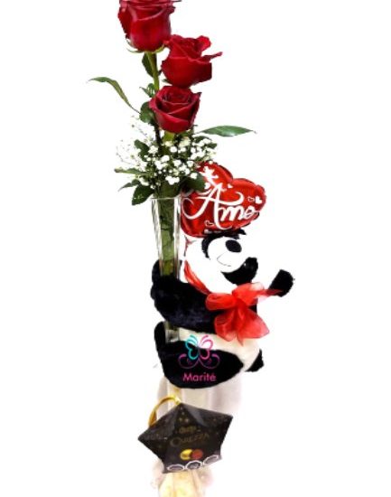 3 Rosas Rojas Pandita y Globo